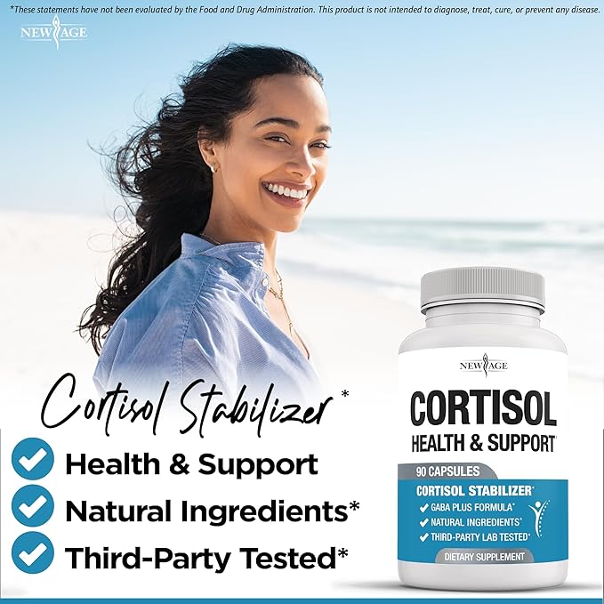 NEW AGE Cortisol Supplement for Women - Cortisol Detox Manager Reducer- Ashwagandha, GABA, 5 HTP, L-Tryptophan, L-Theanine - 90 Count