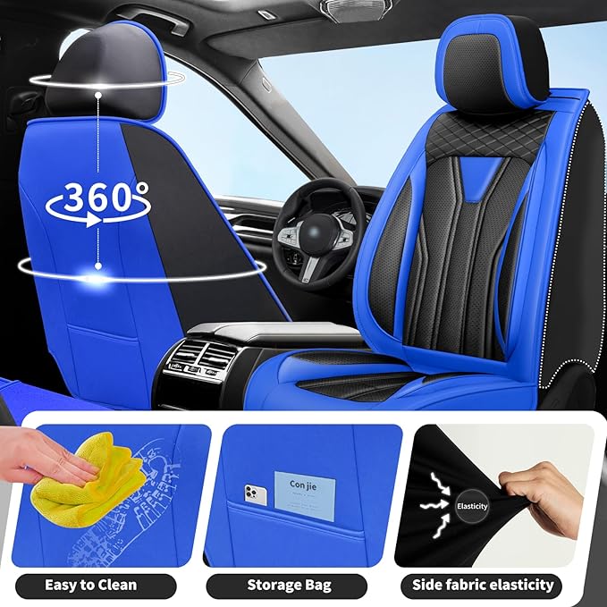 Fit Kicks Car Seat Covers Premium Leather Compatible with Nissan Kicks 2018 2019-2026 (5 Seats Full Set Waterproof Breathable All-Weather Seat Cushion Protector（5 Seats Blue & Black)