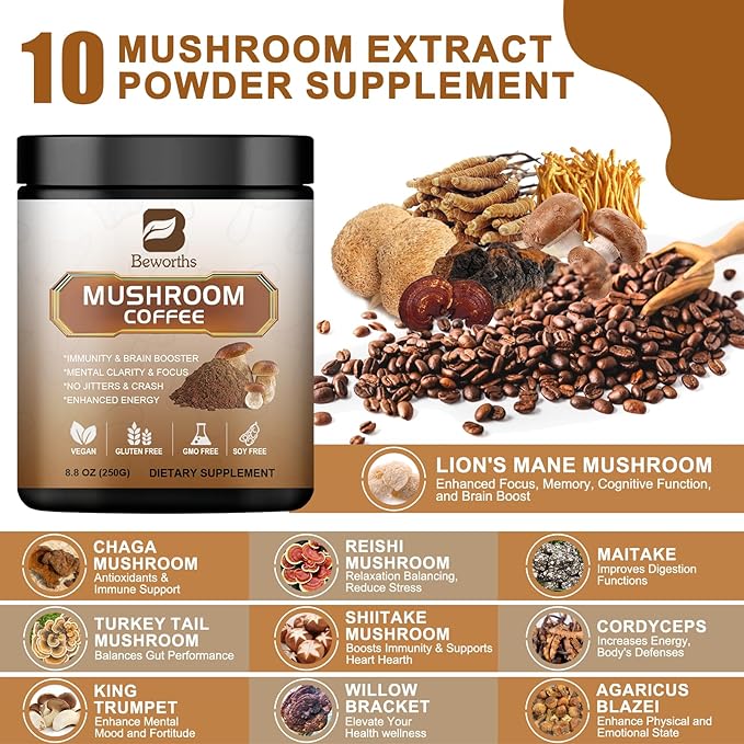 Mushroom Coffee - Lions Mane Mushroom Powder Instant Coffee with Lion's Mane, Reishi, Chaga, Cordyceps, Turkey Tail - 250g Mushroom Coffee Alternative for Energy, Mental Clarity & Focus, Brain Booster