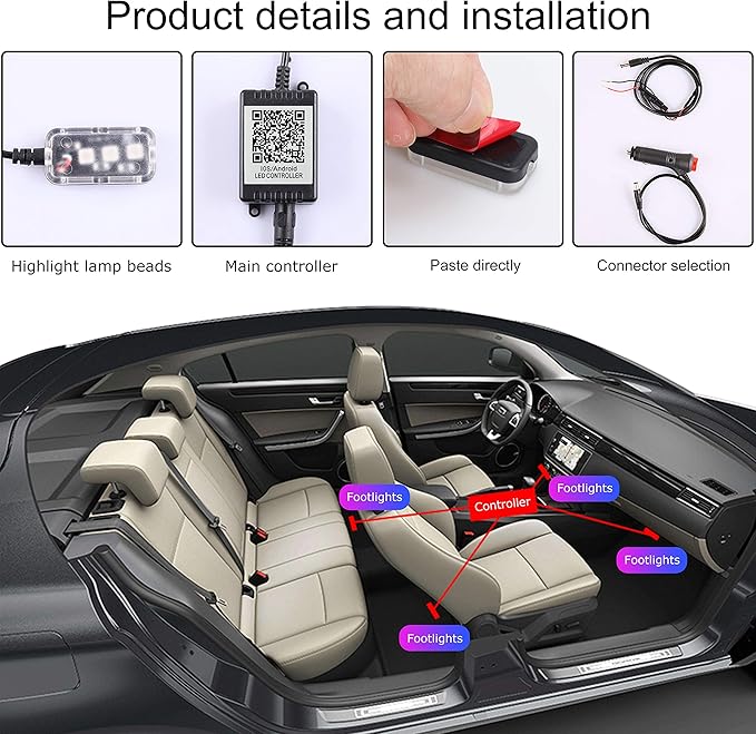 Car Footwell Atmosphere Light Kit RGB Multicolor Sound Active Music Sync Memory Function RF Remote Controller + Bluetooth APP Control 64 Colors USB Car Interior Ambient Lighting Kit DC 12V