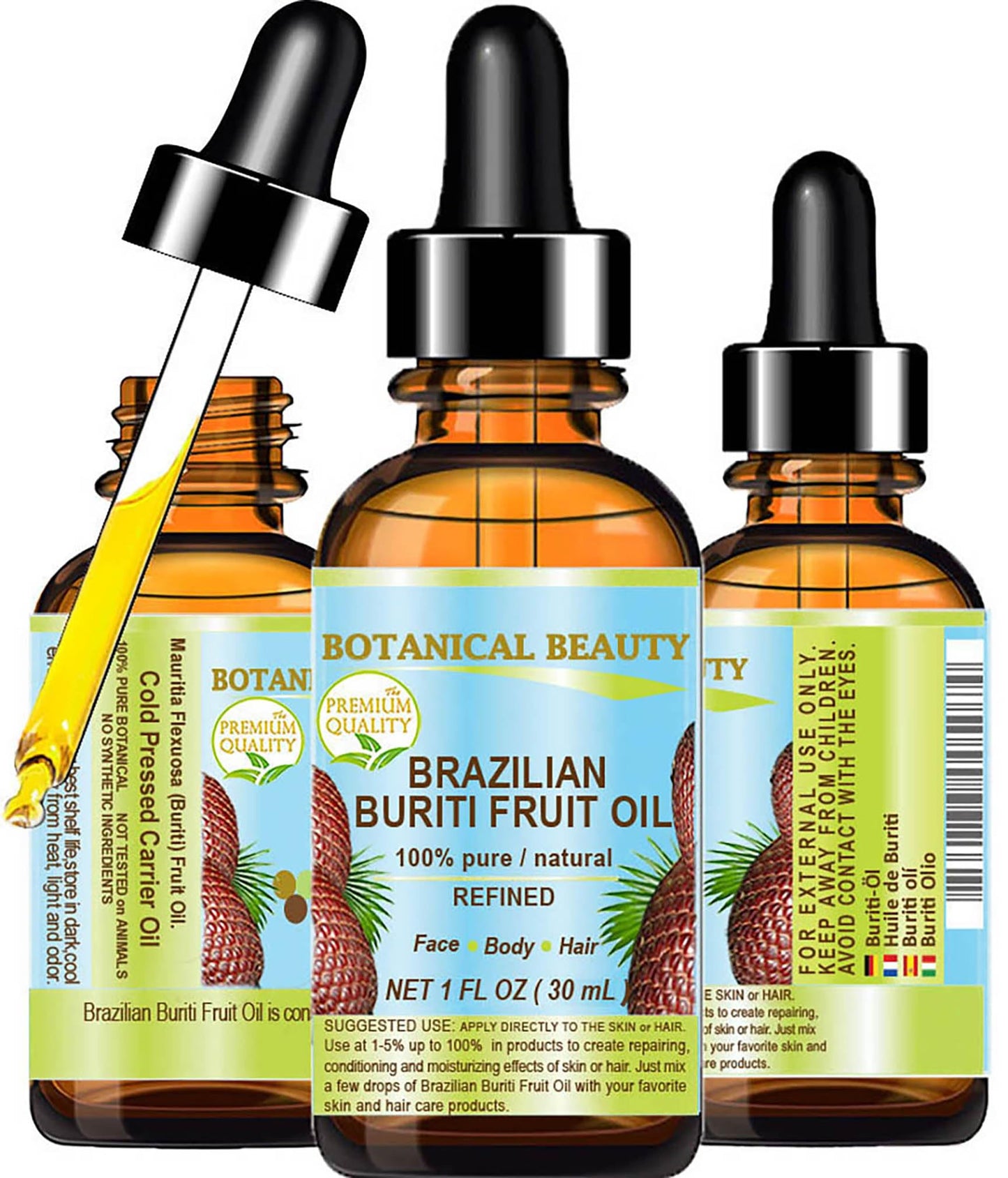 Brazilian Buriti Fruit Oil Pure Natural Virgin Refined Cold Pressed Carrier Oil Undiluted 1 Fl.Oz- 30 Ml For Face, Body, Hair, L