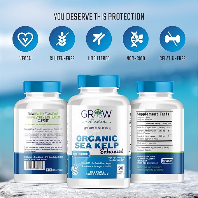 Organic Sea Kelp (Icelandic) Enhanced - Pure Healthy Thyroid Support Natural Iodine Supplement w/Organic Sea Kelp, Blue-Green Algae & Red Algae - Immune System & Metabolism Support - 90 Capsules