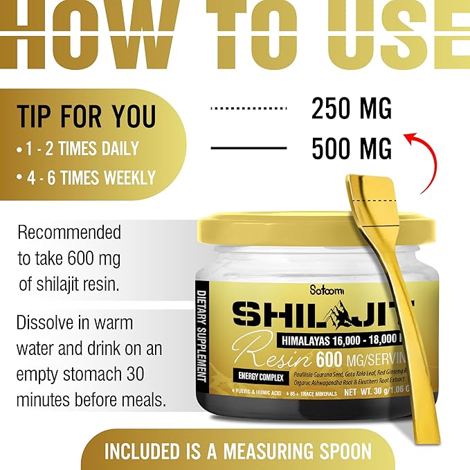Satoomi Shilajit Himalayan Organic Resin - 30g Shilajit Supplement with 85+ Trace Minerals, Paullinia Guarana, Gotu Kola & More - Energy Production, Immune System, Comfortable Mood - 50-Day Supply