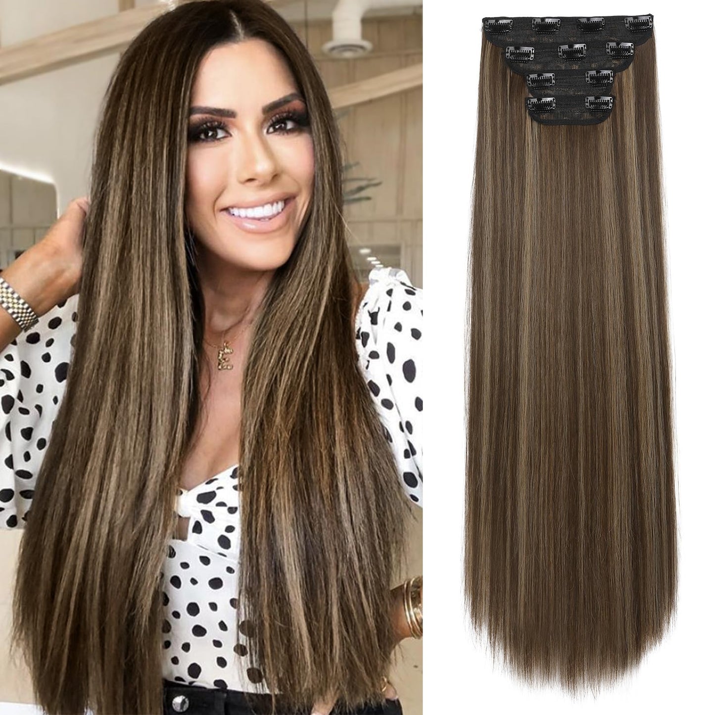 Reecho 28'' Straight Long 4 Pcs Set Thick Clip In On Hair Extensions -Chocolate Brown With Highlights