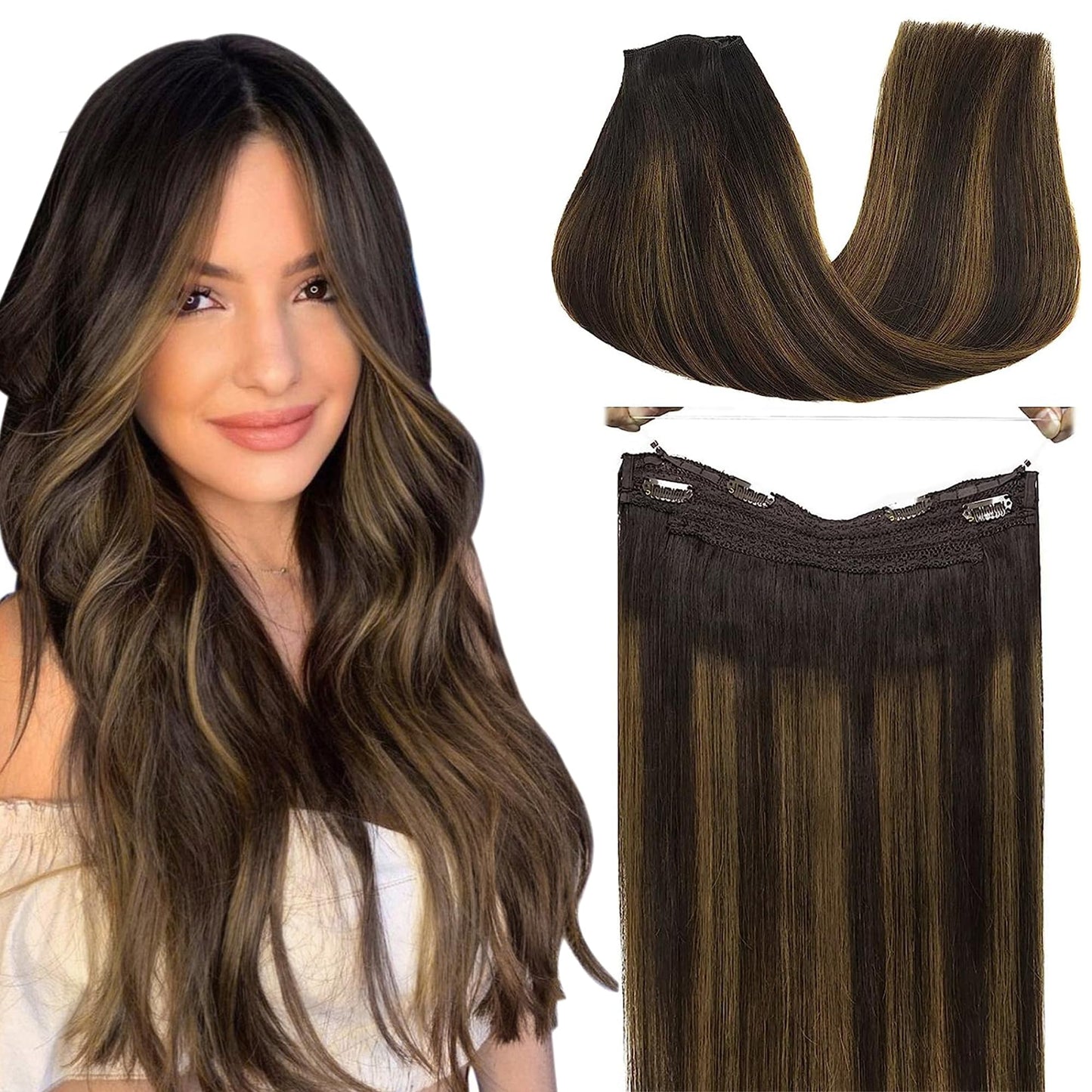 Goo Goo Wire Hair Extensions Human Hair, 2/6/2 Dark Brown With Chestnut Brown Balayage 16Inch 95G, Invisible Wire Hair Extension
