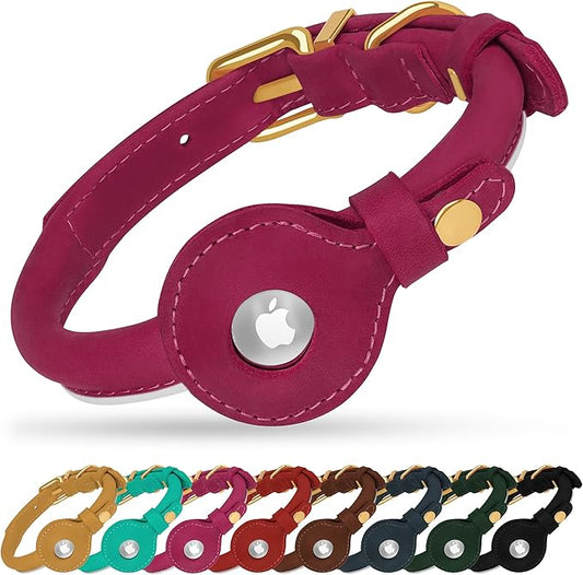 OOPSDOGGY Rolled Leather Dog Collar with Airtag Holder - Reflective Round Airtag Dog Collar - Soft Tracking Pet Collar for Small Dogs Puppy Cats Kitten (Pink, XS, 8"-11")