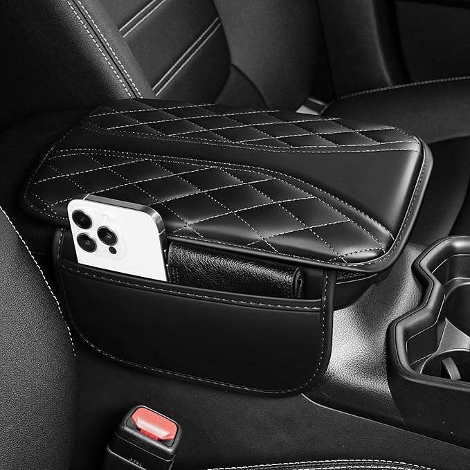 Car Center Console Cover Fit for Jeep Gladiator - Leather Armrest Covers with 2 Storage Pockets(Black)