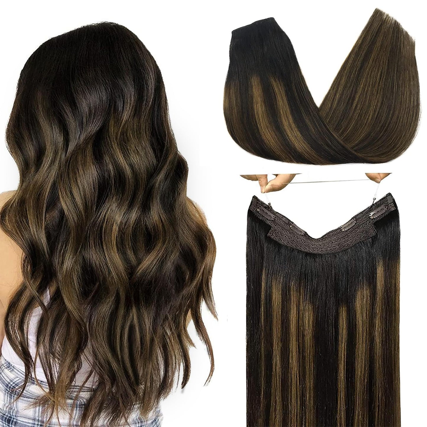Goo Goo Wire Hair Extensions Human Hair, 1B/6/1B Natural Black With Chestnut Brown Balayage 20Inch 110G, Invisible Wire Hair Ext
