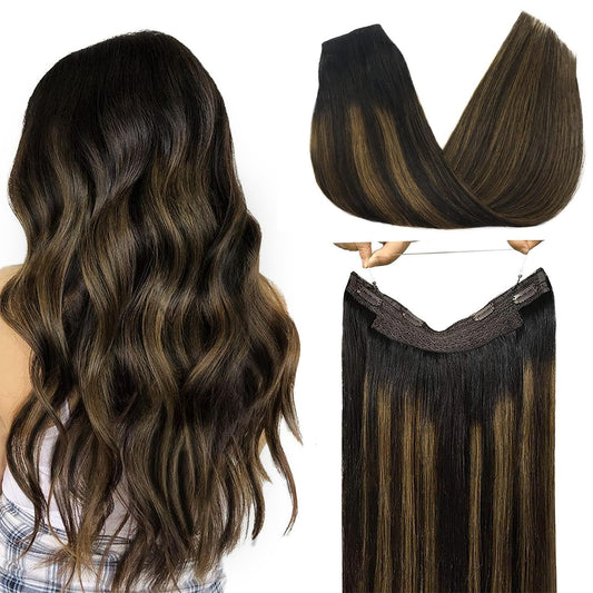 Goo Goo Wire Hair Extensions Human Hair, 1B/6/1B Natural Black With Chestnut Brown Balayage 20Inch 110G, Invisible Wire Hair Ext