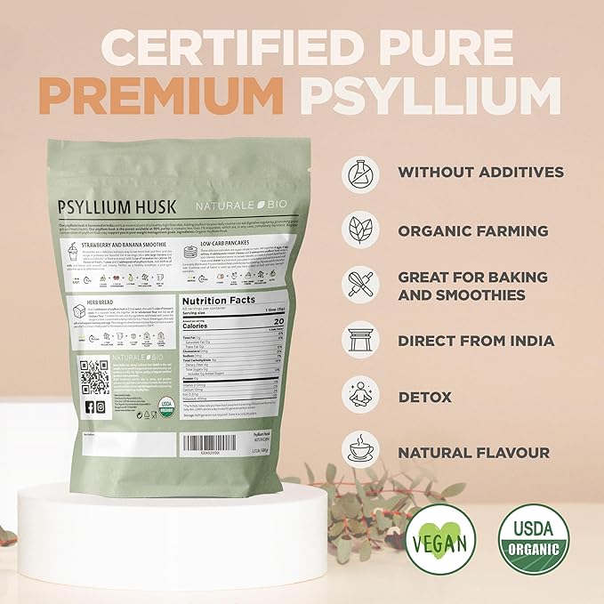 NaturaleBio Whole Psyllium Husk. 1.5lbs. 99% Pure Psyllium Seed Husks. Natural Fiber Supplement. USDA Organic Certified. Produced in India. Gluten Free, Keto, Paleo, Vegan Diets. Probiotics