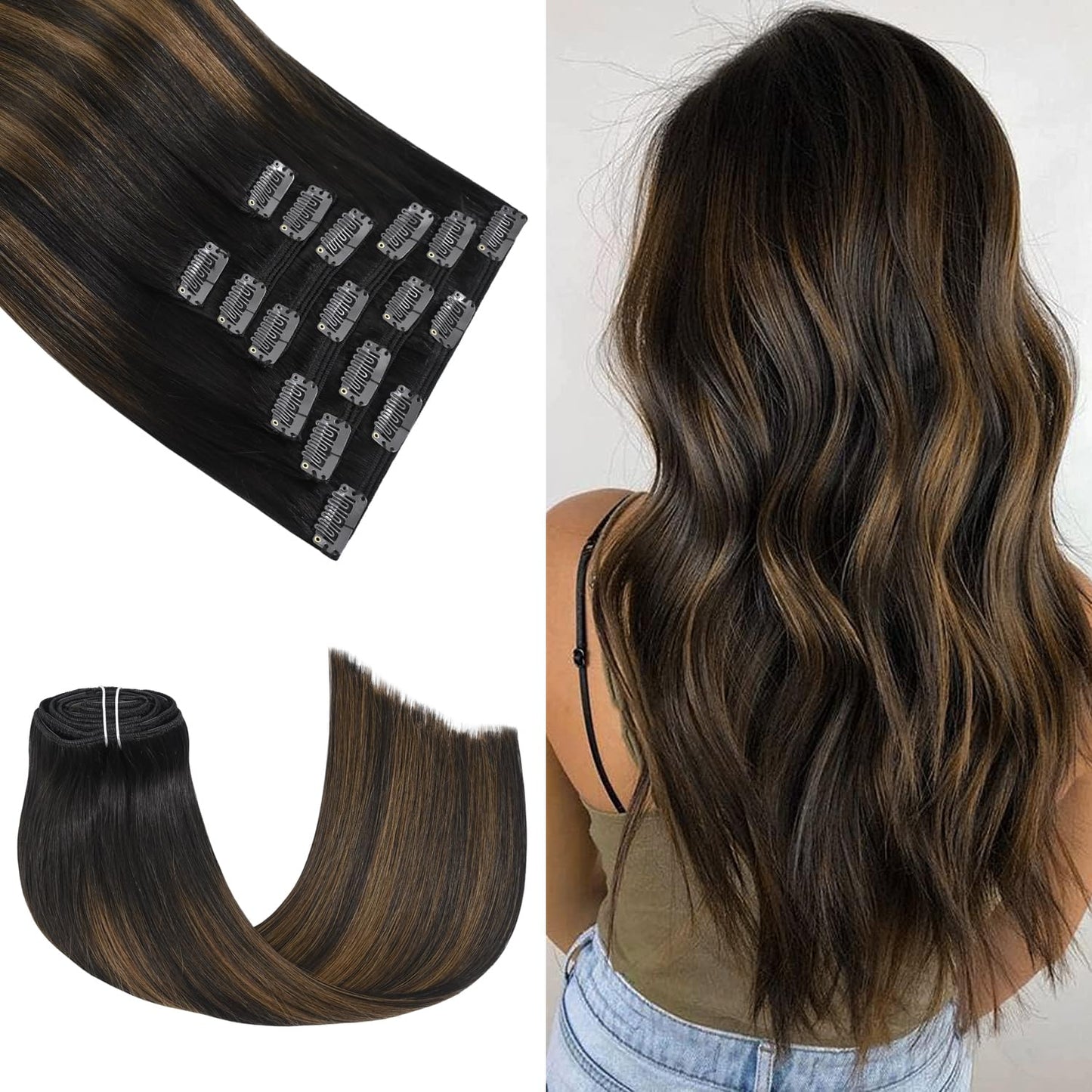 Honsoo Hair Extensions Clip In 22In Long Real Human Hair Extensions, Dark Brown Mixed Medium Brown 120G 7Pcs Silky Straight Huma