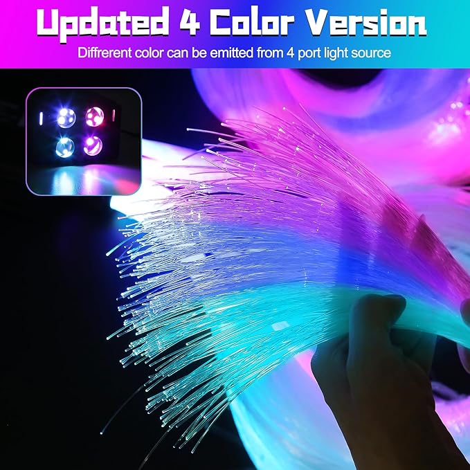 4 Colors 32W Twinkle Car Starlight Headliner Kit 500pcs*0.03in*13.1ft with APP&RF Remote, RGBW Fiber Optic Strands Star Roof Lights,4 Port Engine Sound Activated Ceiling Star Lights for Home/Car Decor