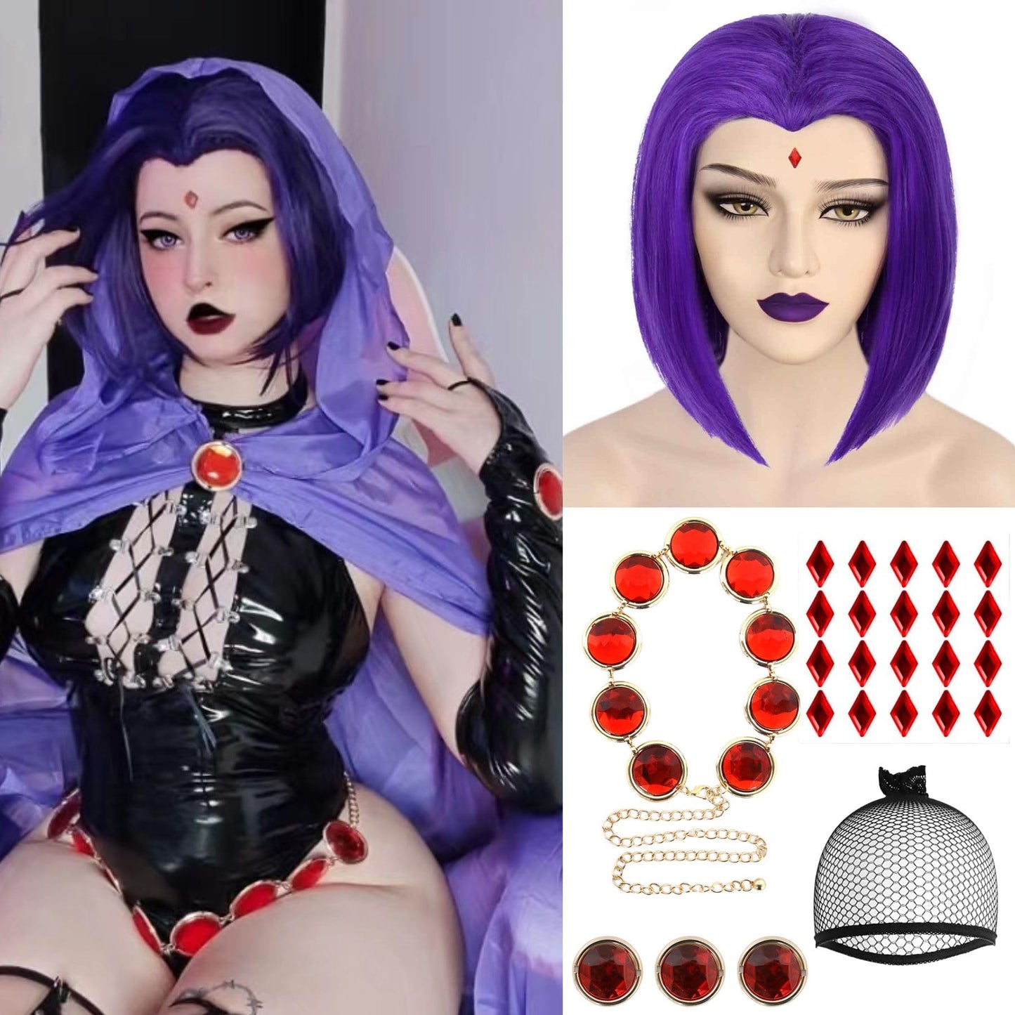 Joneting 7Pcs Purple Wig?+1 Wig Cap +Accessories Set? Dark Purple Wig For Women Short Purple Wig For Halloween Purple Bob Wig Fo