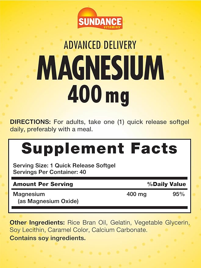 Sundance Magnesium 400mg | 40 Advanced Delivery Softgels | Essential Mineral Supplement | Non-GMO and Gluten Free Formula