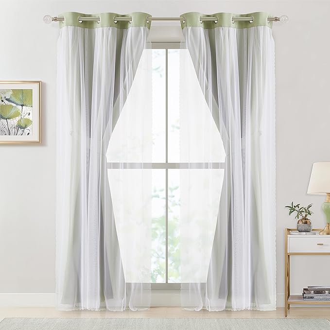 Bujasso Sage Green Blackout Curtains with Sheer Overlay Mix and Match Double Layer 90% Room Darkening Window Panels 95 inch Living Room Bedroom Green Drapes with Tiebacks Grommet Top 37" Wx95 Lx2