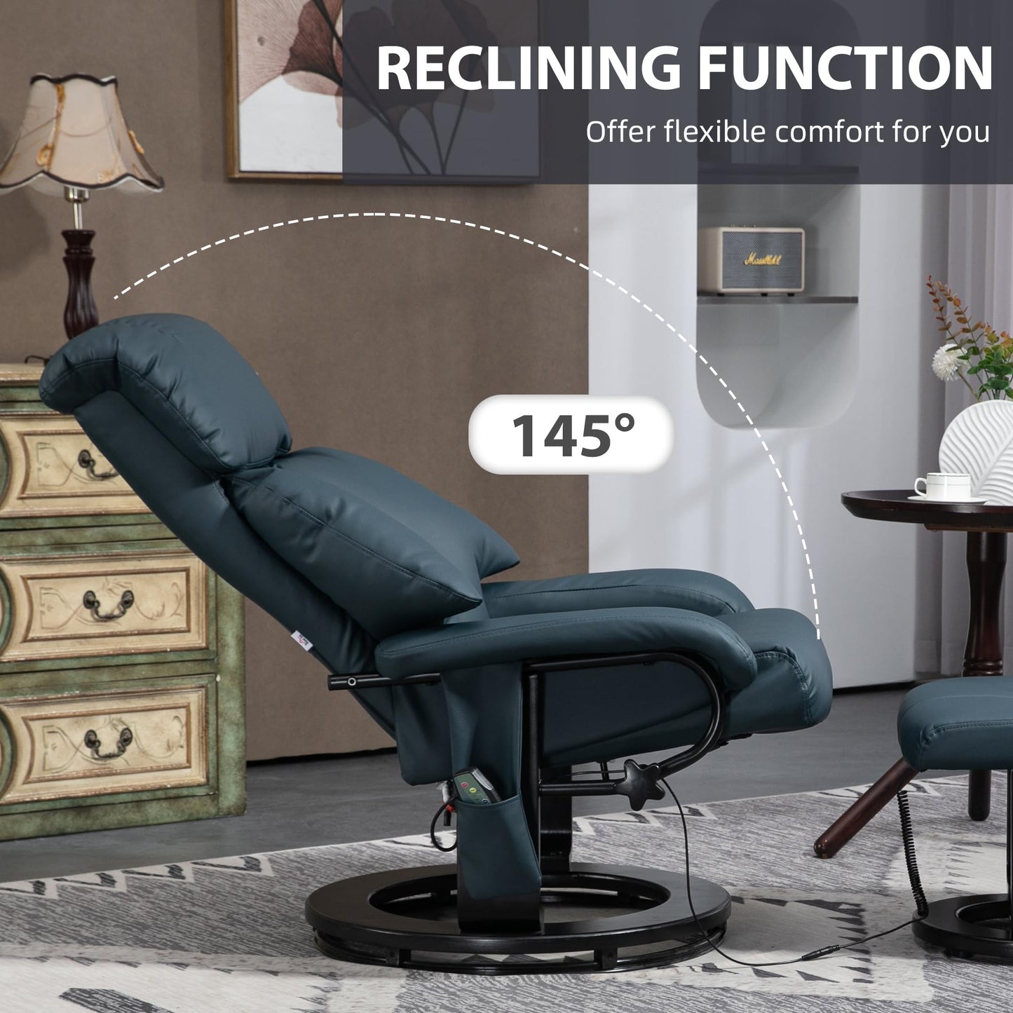 HOMCOM Massage Recliner Chair with Ottoman, 360° Swivel Recliner and Footstool, 10 Point Vibration, PU Leather Reclining Chair with Side Pocket and Remote Control, Blue