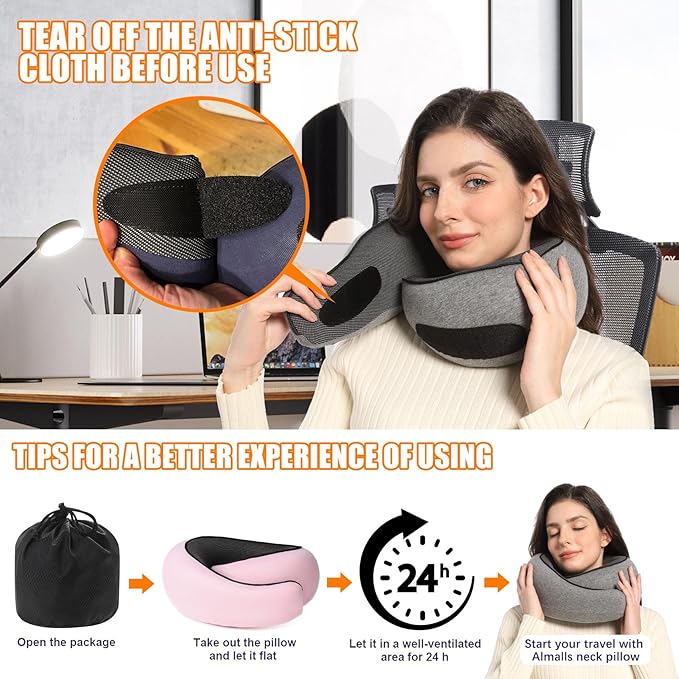 Travel Neck Pillows for Airplanes Or Trains, 360° Head Support Sleep for Long Flight, Skin-Friendly and Breathable, Kit with 3D Contoured Eye Mask, Earplugs and Storage Bag Gifts for Family