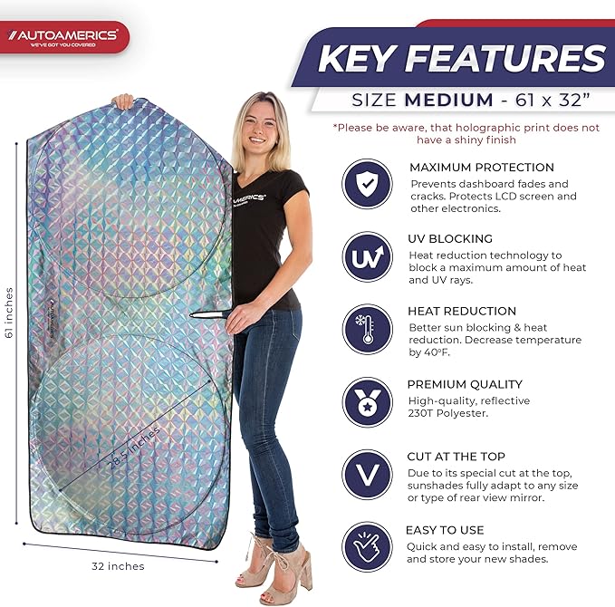 Autoamerics 1-Piece Windshield Sun Shade - Holographic Print Foldable Car Front Window Sunshade for Cars SUV Truck - Heat Blocker Visor Protector Blocks Max UV Rays and Keeps Your Vehicle Cool Medium