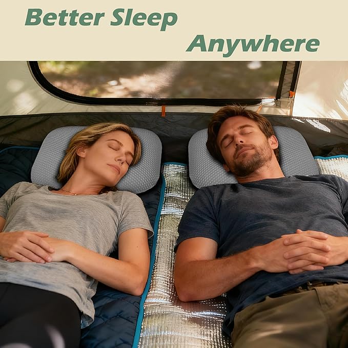Cooling Camping Pillow, Memory Foam Travel Pillow with Adjustable Buckle Strap & Storage Bag, Compact Small Pillow for Airplane, Car Lumbar, Office, Washable Cooling Cover, Quarry Grey