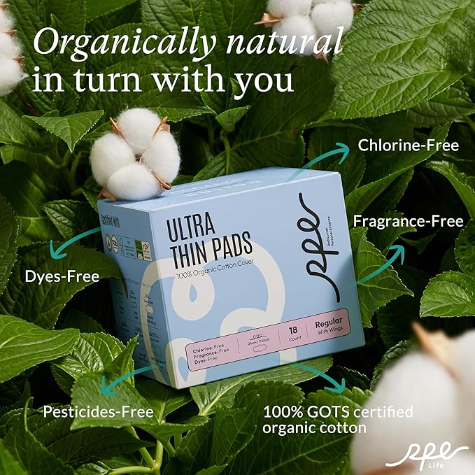 100% Organic Pads for Women, Organic Cotton Cover Pad - Regular Absorbency, Unscented, Ultra Thin Pads with Wings for Women (Regular, Size 3, 18 Count)