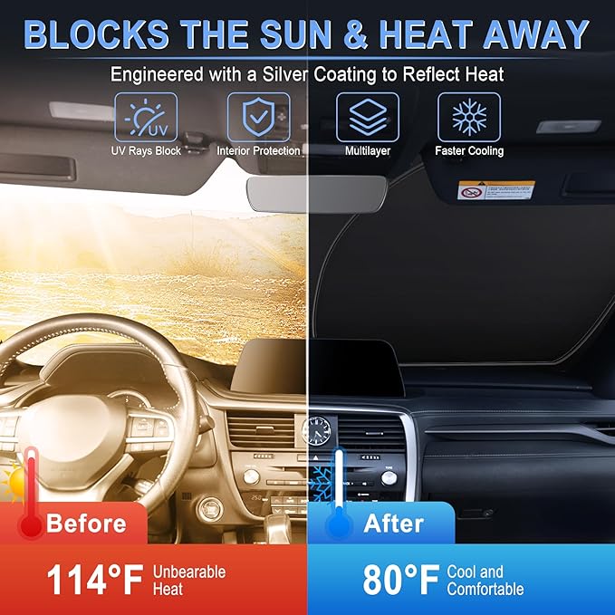 LivTee Car Windshield Sun Shade – 300T Polyester, Double-Layer Design, Foldable Sunshade for Small Sedans & Mini SUV, UV & Heat Protection, Automotive Interior Sun Shield, Car Accessories (64"x33.5")