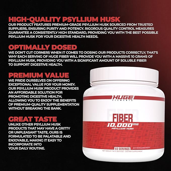 Huge Supplements Fiber, 10 Grams of Premium Psyllium Husk Powder, Soluble Fiber for Digestive Health & Functions, Natural Prebiotic with Delicious Flavors (60 Servings) (Strawberry)