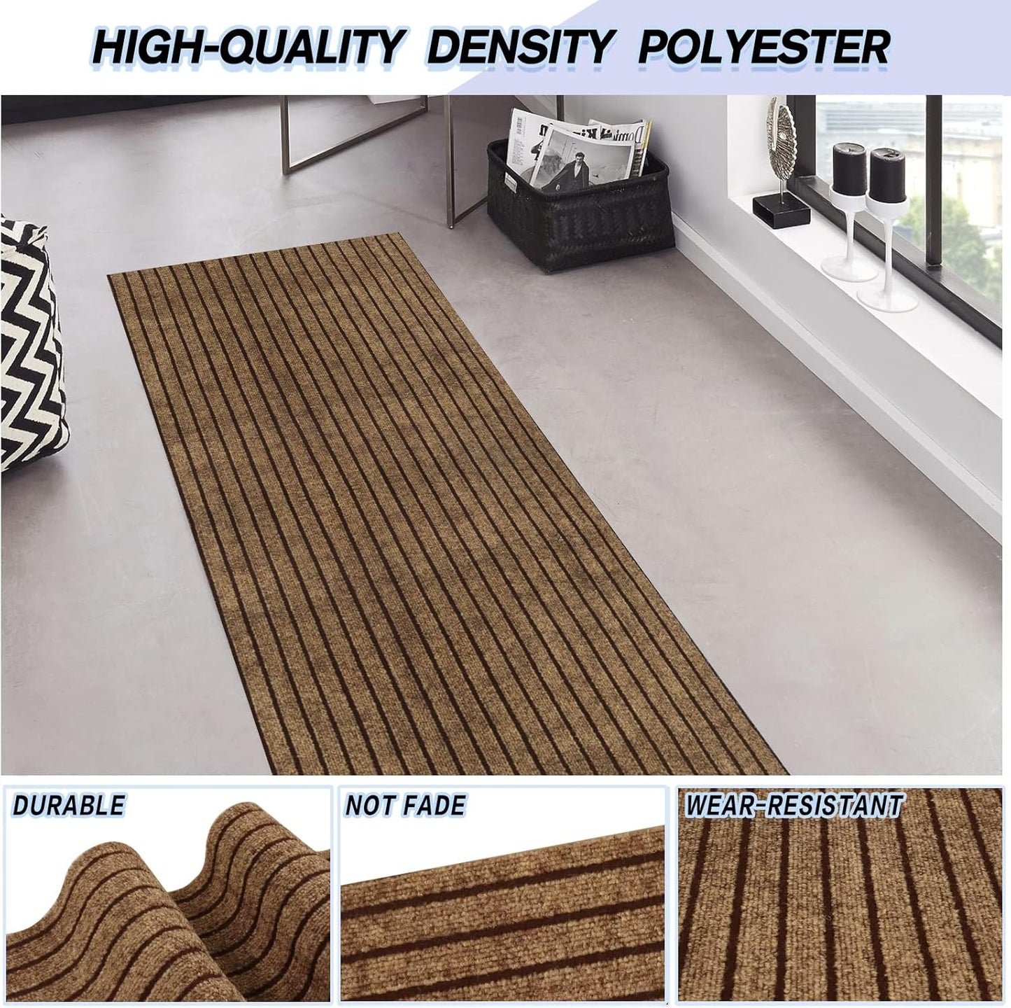 Custom Size Backed Non-Slip Area Rugs Runner, Easy Clean, Waterproof Runner Rugs for Hallway Entryway, Kitchen, Laundry, 2FT x 64FT, Brown Stripe