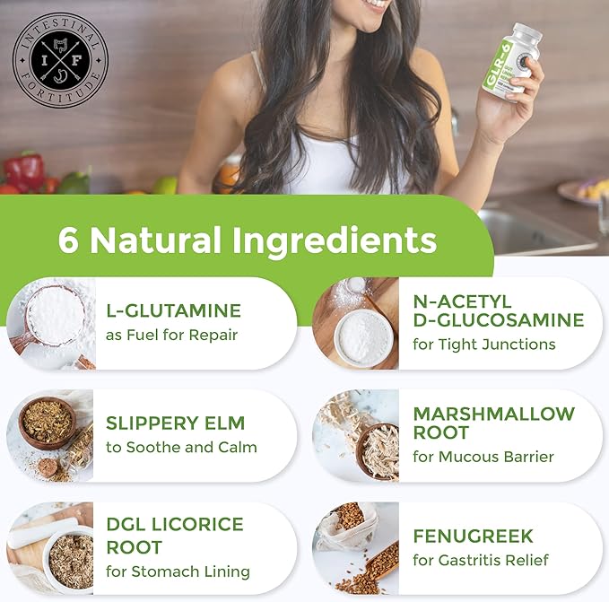 Intestinal Fortitude GLR-6 - Gut Lining Repair Supplement for Gut Health - Leaky Gut Repair with L-Glutamine, Slippery Elm, DGL Licorice Root, Marshmallow Root, Fenugreek - IBS, IBD, GERD - Vegan