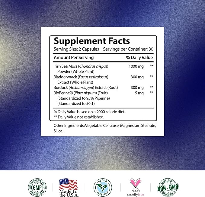 Research Verified Irish Sea Moss - Bladderwrack, Burdock, BioPerine - Rich in Prebiotics - Boost Immunity, Aid Digestion - 180 Capsules - Vegan - Made in The USA