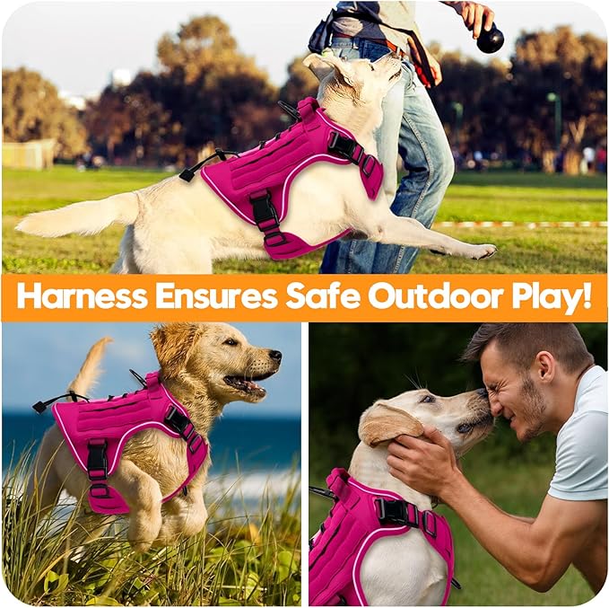 Heavy-Duty Tactical Dog Harness for Large Dogs, No Pull Adjustable Reflective Pet Vest with Molle System, K9 Military-Grade Control for Service Training, Outdoor & 10+ Breeds, Hot Pink, X-Large