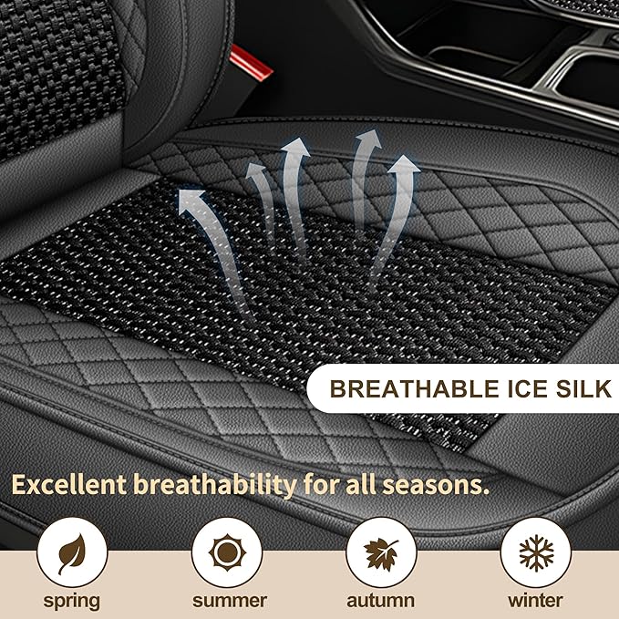 TTX LIGHTING for Chevy Malibu 2009-2026 Car Seat Covers, Breathable Ice Silk & Leather Seat Protector, Cool & Anti-Sweat for Long Driving, Airbag Compatible, 5 Seats Full Set (Black&Gray)