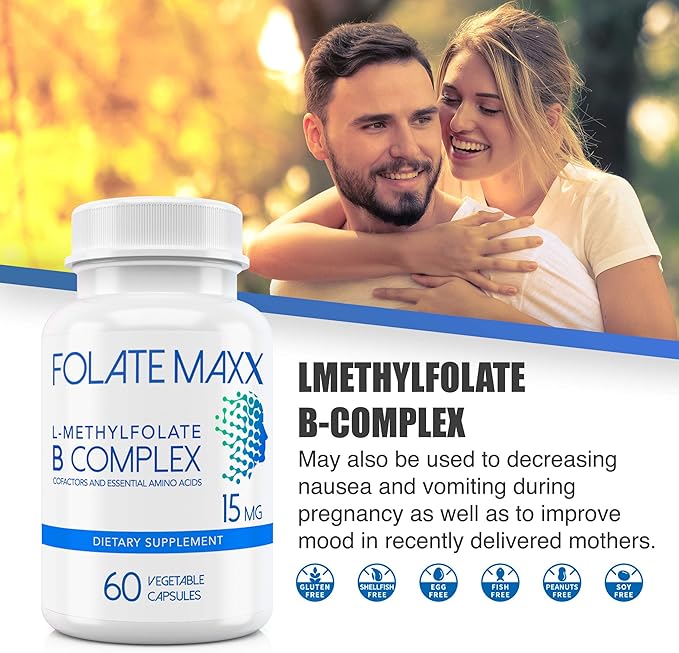 FolateMaxx L-Methylfolate + B12 Methylcobalamin & B6 Blend (15mg) - 60 Capsules - Active B-Complex with Cofactors & Essential Amino Acids - Non GMO, Gluten Free, No Fillers