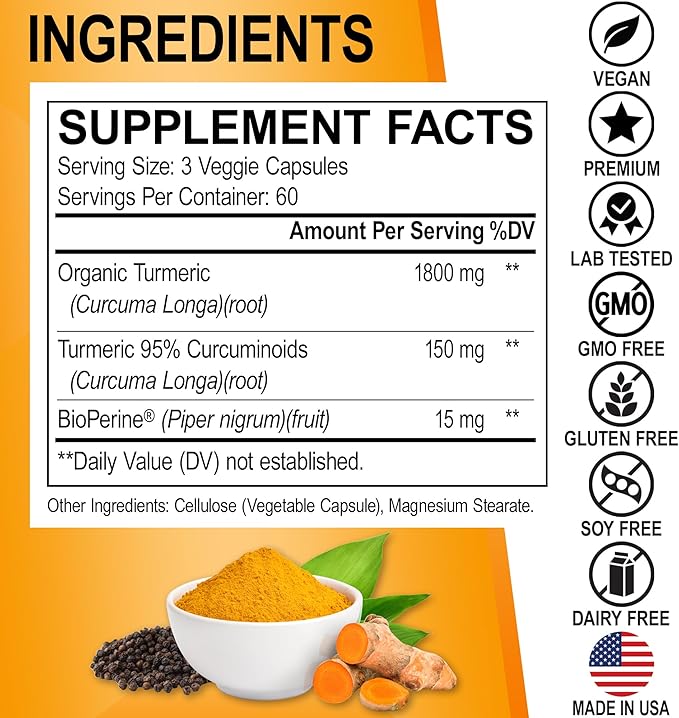 Turmeric Curcumin with BioPerine Supplement Capsules - Support Supplements with 1950mg Curcuma Longa Pure Organic Tumeric and Curcumin BioPerine Black Pepper - 180 Turmeric Pills