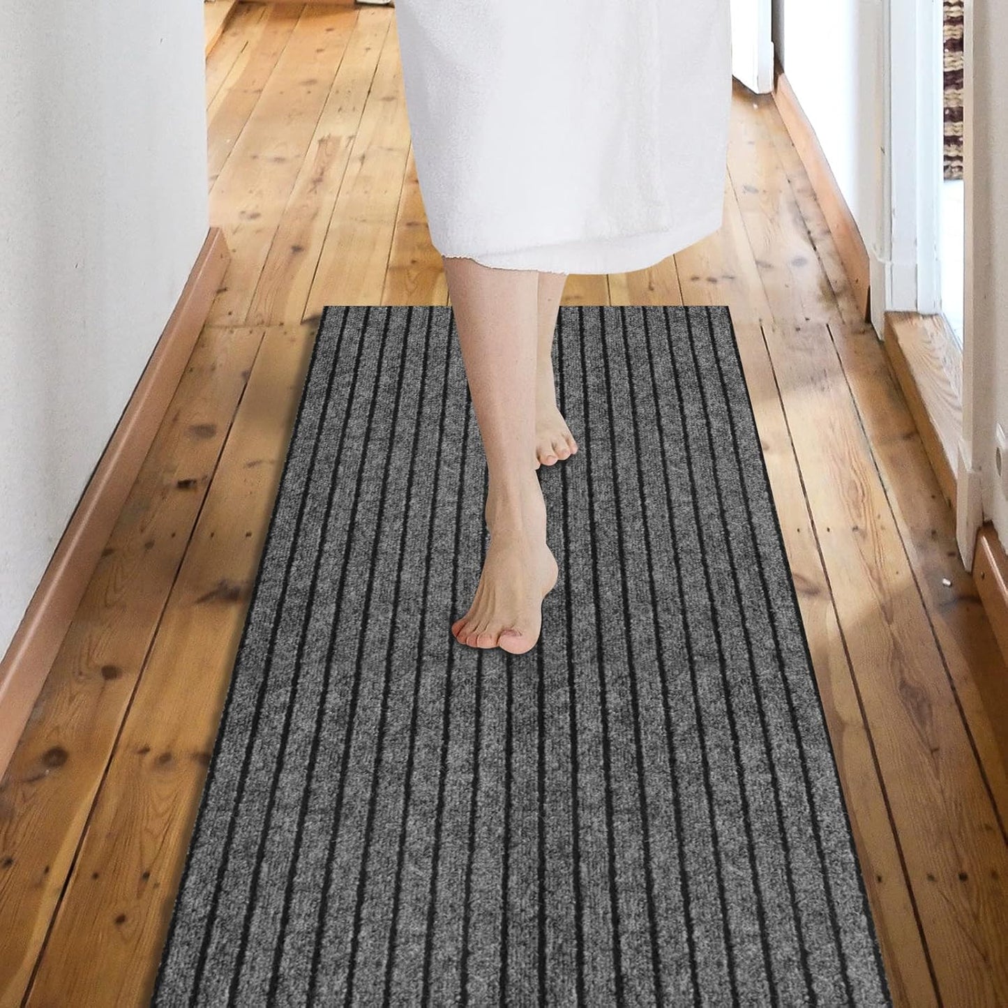 Custom Size Backed Non-Slip Area Rugs Runner, Easy Clean, Waterproof Runner Rugs for Hallway Entryway, Kitchen, Laundry, 4FT x 20FT, Gray Stripe