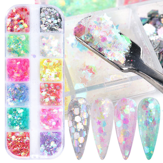 12 Colors Nail Art Sequins Mermaid Iridescent Nail Glitter Flakes Design Holographic Acrylic Nails Supplies For Nail Art Gel Pol