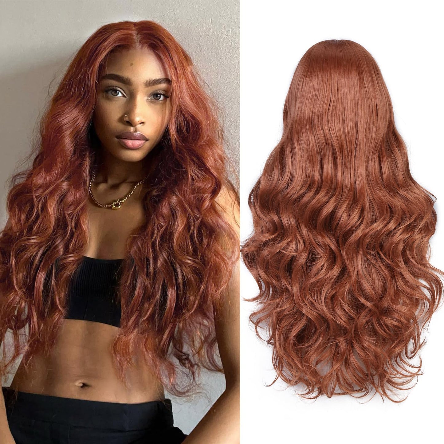 Fave 28 Inches Lace Front Wig 200% Density Heat Resistant Synthetic Lace Front Wig Long Wavy Free Part Auburn Wig Glueless Lace