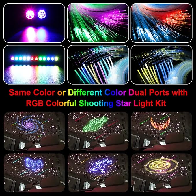 AKEPO 20W Twinkle Dual-Head Dual Color Fiber Optic Lights, Fiber Optic Colorful Meteor Light Kit Sound Activated APP/Remote Control for Car Starlights Headliner/Home 900pcs 9.8ft/3m Fiber Strands