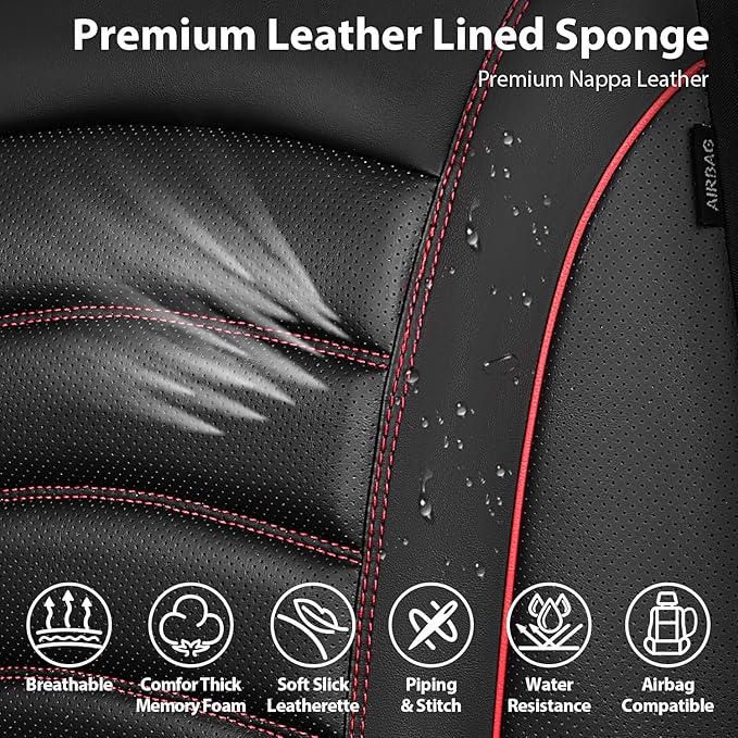 CAR PASS 3D Foam PU Leather Car Seat Covers, Universal Seat Covers Full Sets for Trucks SUV Sedan Automotive Seat Covers Armrest Airbag Compatible Waterproof Comfortable Faux Nappa Leather Black Red