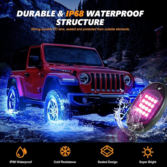 6 Pods RGB LED Rock Lights for UTV ATV Golf Cart Truck RZR Offroad Pickup SUV, Waterproof Multicolor Underglow Kit for Cars with APP Music Mode, Vehicle Underbody Light Underneath Accent 12V