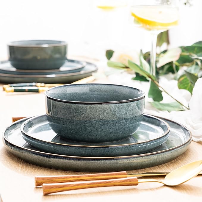 GBHOME Ceramic Dinnerware Sets for 6, 18 Pieces Stoneware Plates and Bowls Sets, Scratch Resistant Dishes, Dishwasher & Microwave Safe, Space Blue
