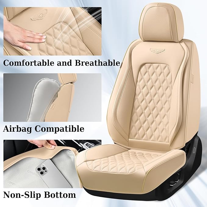 Coverado Full Set Leather Car Seat Covers, Waterproof Faux Leather Seat Covers, Beige Car Seat Protectors, 5 Seats, Universal Fit for Most Cars & SUVs-Beige