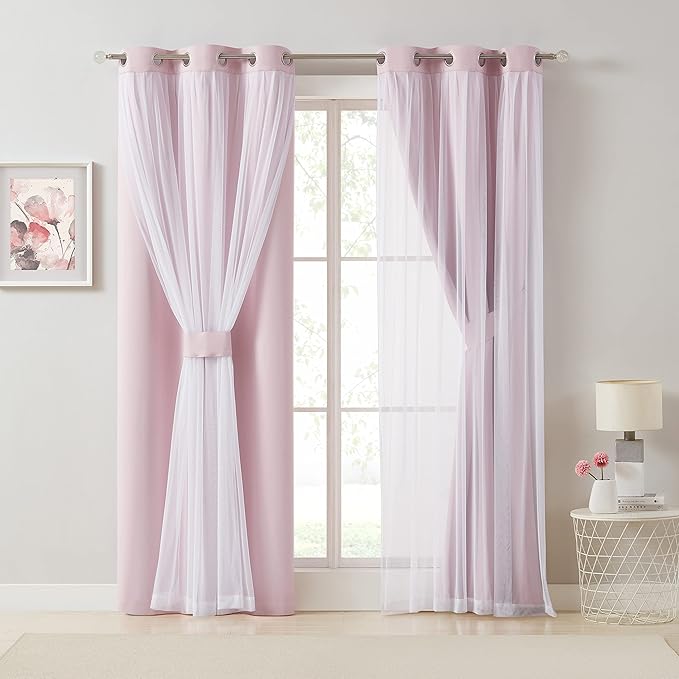 Bujasso Pink Blackout Curtains with Sheer Overlay Mix and Match Double Layer 80% Room Darkening Window Treatment Set for Girls Bedroom Living Room Pink Drapes with Tiebacks Grommet Top 37" Wx63 Lx2