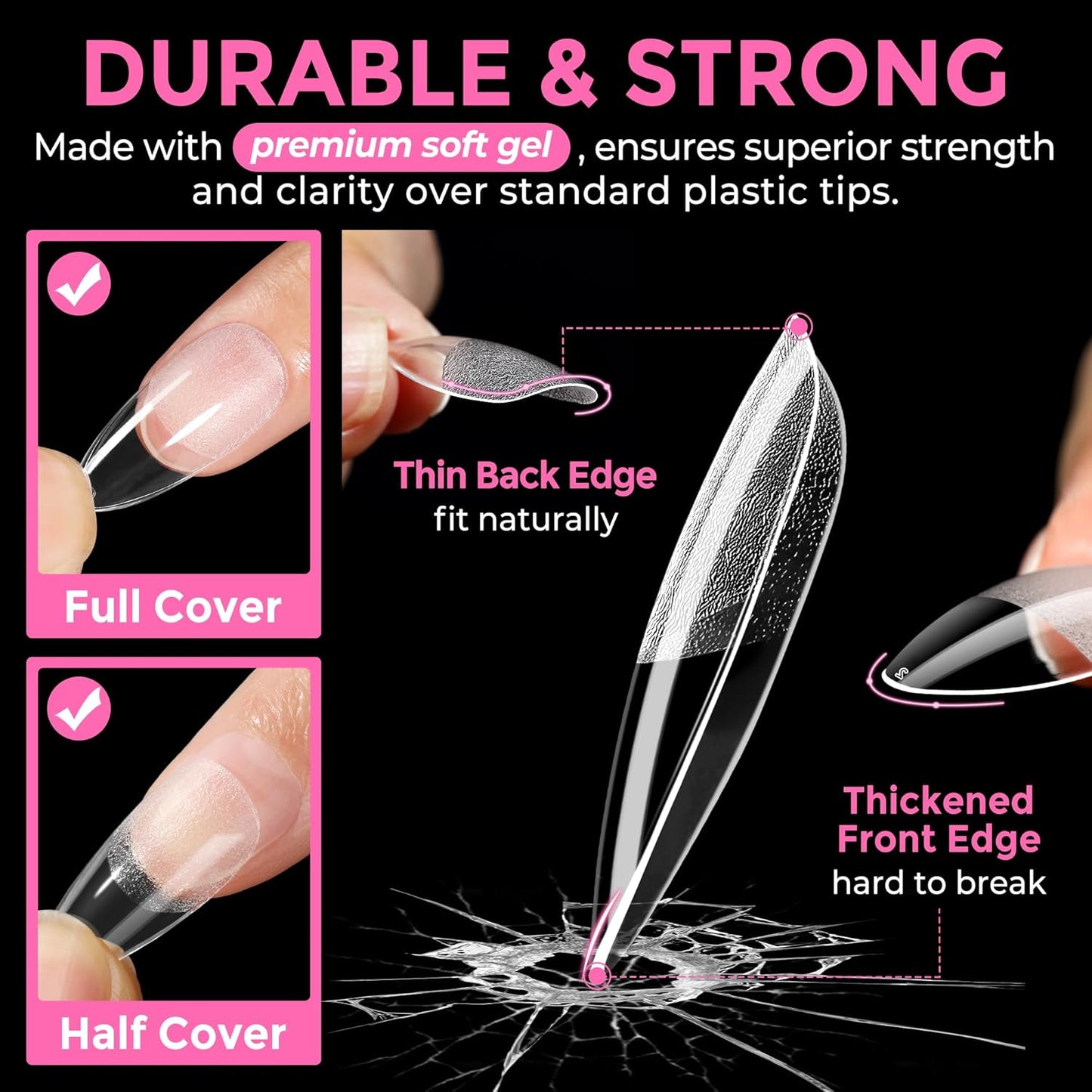 Almond Press-On Nails | 216 Pcs Full Cover Acrylic Tips | DIY Nail Extensions
