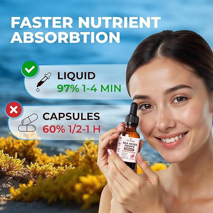 Irish Sea Moss Drops - 5X Stronger Than Sea Moss Gel - 92+ Essentials Minerals - with Spirulina Powder, Burdock Root & Black Cumin - 2 Fl Oz (60ml) - Strawberry Flavor