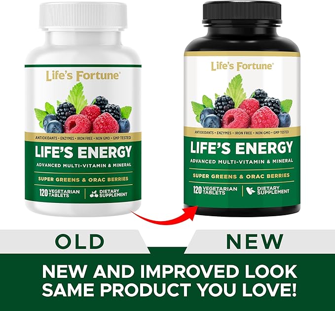 Life's Fortune Life's Energy Advanced Multi-Vitamin and Mineral for Men & Women, Non-GMO - Super Greens - ORAC Berries - AntiOxidants - Enzymes - Iron Free - GMP Tested, 120 Veggie Tablets