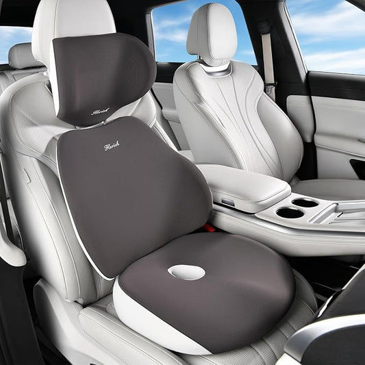 FLORICH Car Seat Cushion & Lumbar Support Pillow & Car Neck Pillow, Ergonomic Memory Foam Driving Seat Cushion for Back & Sciatica Pain Relief, Non-Slip Washable Cushion for Car, Driver, Office-Gray