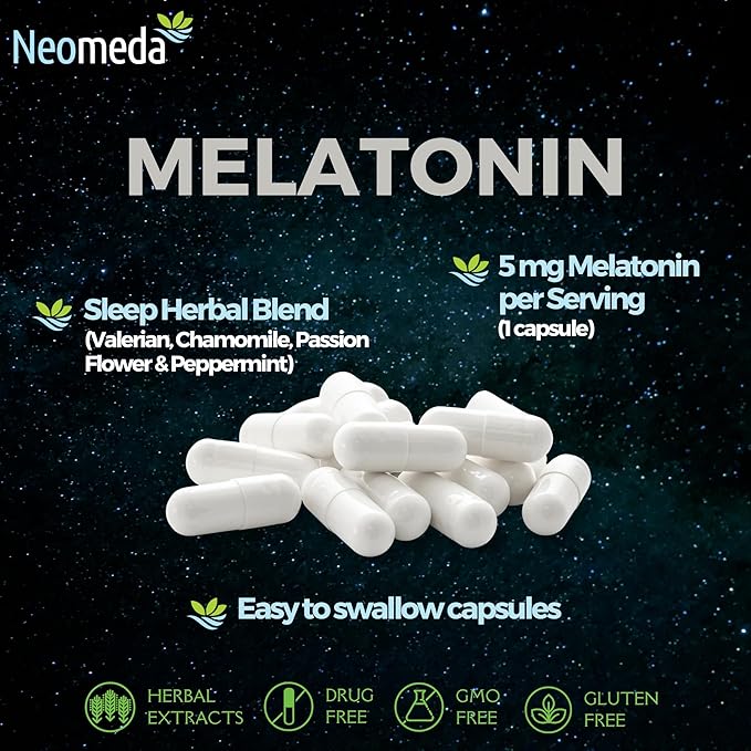 Melatonin Sleep Herbal Blend - Natural Support for Restful Nights with 5mg Melatonin & Calming Herbs - Drug-Free Dietary Supplement, 30 Capsules, 30-Day Supply
