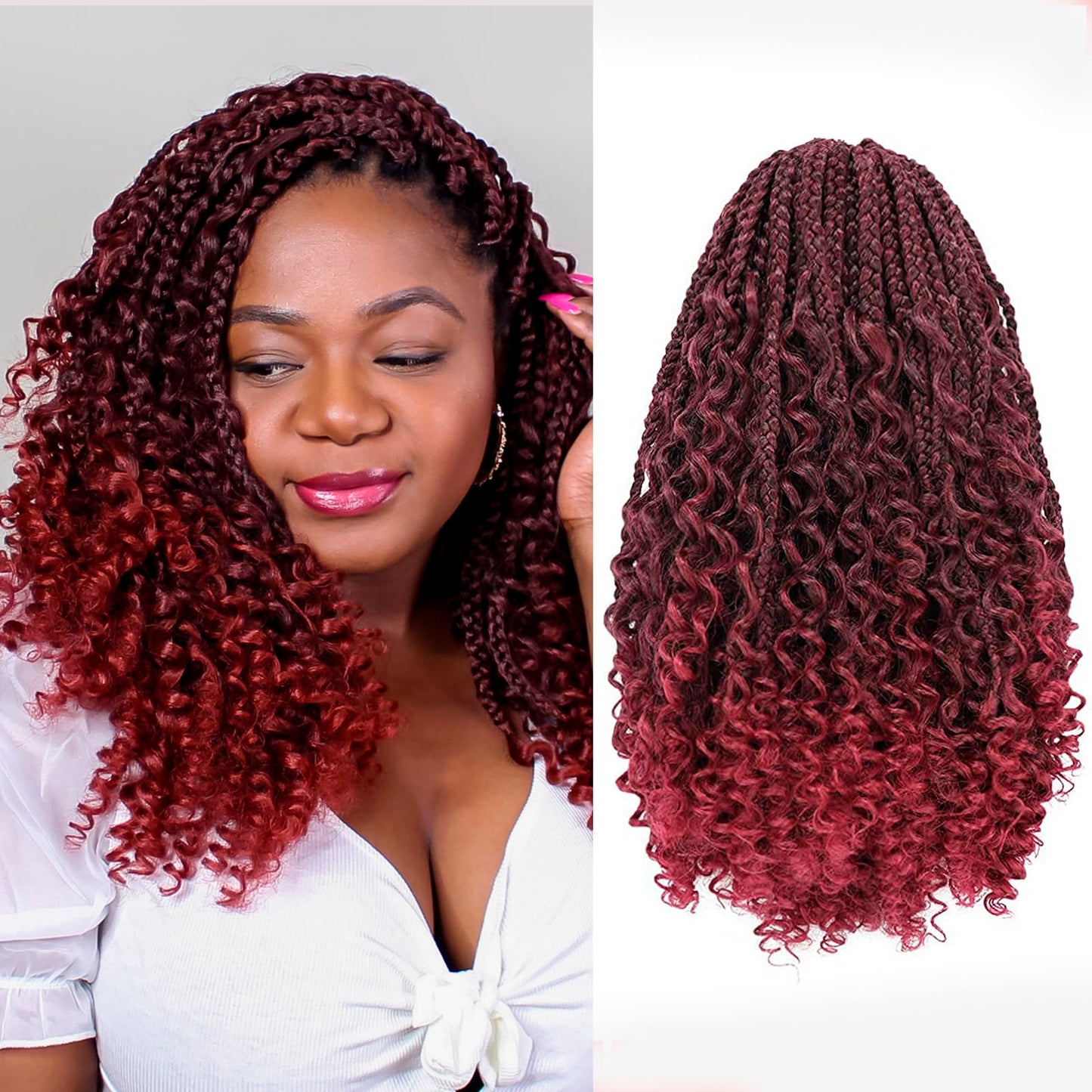 Toyotress Boho Box Braids Crochet Hair - 16 Inch 8 Packs Ombre Burgundy Box Braids Crochet Hair Curly End Crochet Braids, Shoule