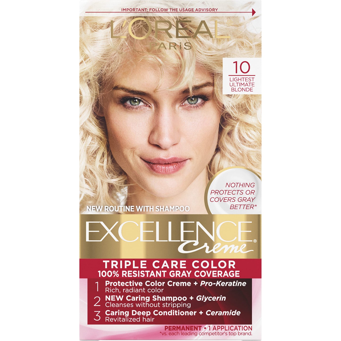 L'Oreal Paris Excellence Creme Permanent Triple Care Hair Color, 10 Lightest Ultimate Blonde, Gray Coverage For Up To 8 Weeks, A