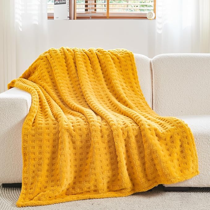 NEWCOSPLAY Super Soft Twin Blanket Yellow Premium Silky Flannel Fleece 3D Waffle Checkered Lightweight Bed Blanket All Season Use (Mustard Yellow, Twin(60"x80"))